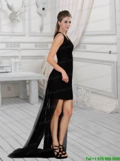 Column V Neck 2015 Sexy Black Junior Dress with High Low