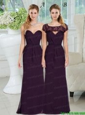 Dark Purple Bateau Ruching Lace Cap Sleeves Prom Dress for 2015