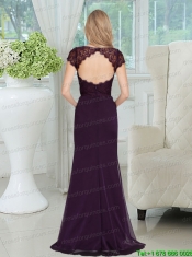 Dark Purple Bateau Ruching Lace Cap Sleeves Prom Dress for 2015