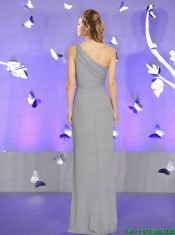 Decent Column Ruching Grey Prom Dress with One Shoulder