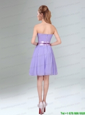 Decent Lavender Ruched Mini Length Prom Dress with Bowknot Sash
