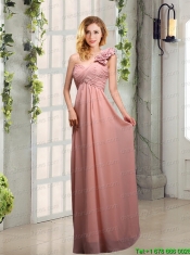 Empire Ruching One Shoulder Prom Dresses with Hand Made Flowers
