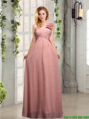 Empire Ruching One Shoulder Prom Dresses with Hand Made Flowers