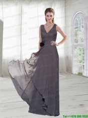 Grey V Neck Bridesmaid Dress with Hand Made Flowers at Low Price