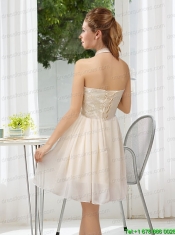 Halter Appliques Lace Up Prom Dress in Champagne