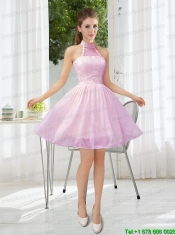 Halter Appliques Lace Up Prom Dress in Champagne