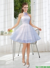 Halter Appliques Lace Up Prom Dress in Champagne