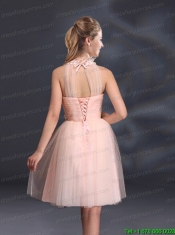 Halter Hand Made Flowers Prom Dresses with Mini Length