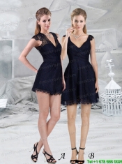 Lace Empire V Neck Cap Sleeves Navy Blue Junior Dress for 2015