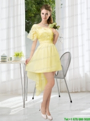 Lace High Low Short Sleeves Junior Dress with One Shoulder