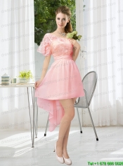 Lace High Low Short Sleeves Junior Dress with One Shoulder