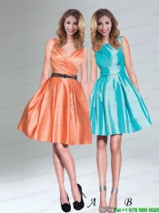 Low Price Orange Taffeta Short V Neck Prom Dresses