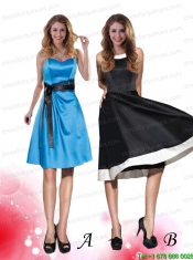 Modest Aqua Blue Knee Length Prom Dress with Black Sash