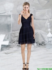 Navy Blue Lace Empire V Neck Cap Sleeves Prom Dress with Mini Length