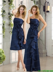Navy Blue Ruching and Hand Made Flowers Bridesmaid Dresses