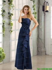 Navy Blue Ruching and Hand Made Flowers Bridesmaid Dresses