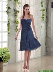 Navy Blue Ruching and Hand Made Flowers Sweetheart Prom Dresses