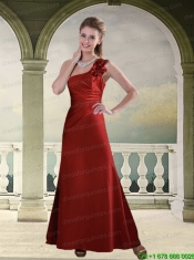 Ruching One Shoulder Wine Red Prom Dress with Hand Made Flowers