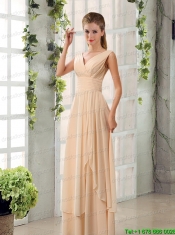 Ruching V Neck Chiffon Prom Dresses in Champagne
