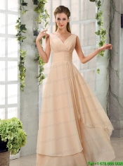 Ruching V Neck Chiffon Prom Dresses in Champagne
