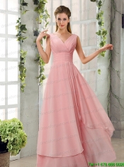 Ruching V Neck Chiffon Prom Dresses in Champagne