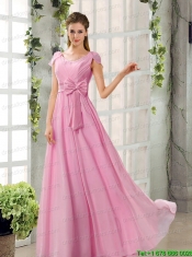 Scoop Ruching Cap Sleeves Chiffon Christmas Party Dresses in Champagne