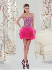 Trendy Beading and Ruffles Hot Pink Dama Dress for 2015