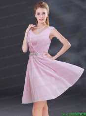 V Neck Beading 2015 Prom Dress with Ruching