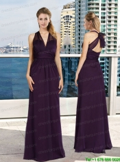 V Neck Empire Ruching Dark Purple Prom Dress with Floor Length