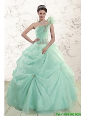 2015 Apple Green One Shoulder Cheap Quinceanera Dresses with Appliques