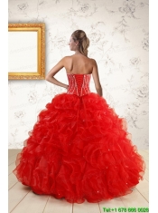 2015 Ball Gown Beading Quinceanera Dresses in Red