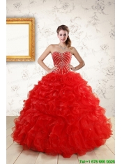 2015 Ball Gown Beading Quinceanera Dresses in Red