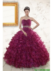 2015 Burgundy Quinceanera Gown with Beading and Ruffles