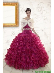 2015 Burgundy Quinceanera Gown with Beading and Ruffles