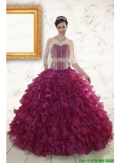 2015 Burgundy Quinceanera Gown with Beading and Ruffles