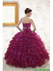 2015 Burgundy Quinceanera Gown with Beading and Ruffles