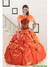 2015 Cheap Orange Red and Black Quinceanera Dresses with Appliques