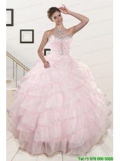 2015 Cute Baby Pink Quinceanera Dresses with Beading and Ruffles