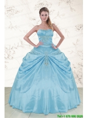 2015 Discount Aqua Blue Strapless Sweet 15 Dress with Appliques