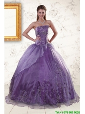 2015 Discount Purple Strapless Appliques Quinceanera Dresses