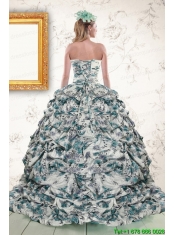 2015 Exquisite Turquoise Sweep Train Quinceanera Dresses with Beading and Picks Ups