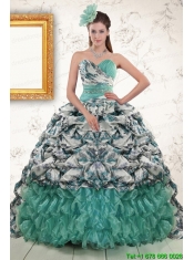 2015 Exquisite Turquoise Sweep Train Quinceanera Dresses with Beading and Picks Ups