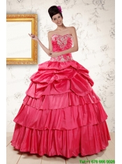2015 Fast Delivery Appliques Sweet 16 Dresses in Coral Red