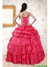 2015 Fast Delivery Appliques Sweet 16 Dresses in Coral Red