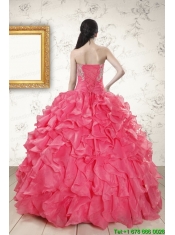 2015 Hot Pink Strapless Quinceanera Dresses with Beading and Ruffles