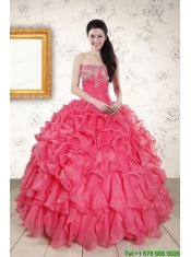 2015 Hot Pink Strapless Quinceanera Dresses with Beading and Ruffles