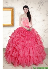 2015 Hot Pink Strapless Quinceanera Dresses with Beading and Ruffles