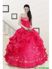 2015 Modest Sweetheart Embroidery Quinceanera Dress in Hot Pink