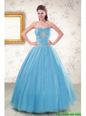 2015 New Style Strapless Beading Quinceanera Dresses in Aqua Blue