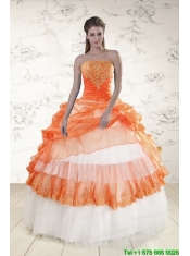 2015 Perfect Strapless Appliques and Beading Quinceanera Dresses in Orange